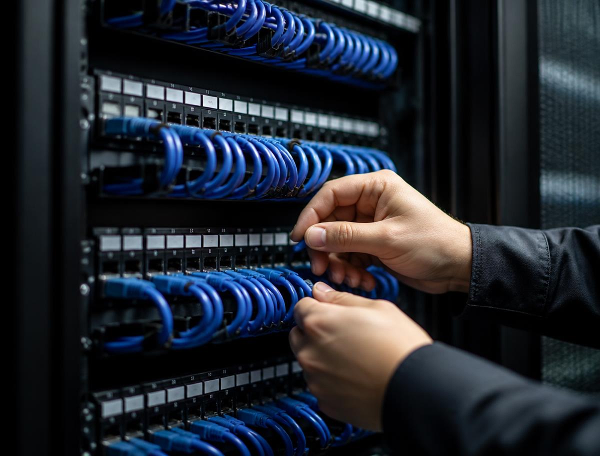 Technician terminating cables in an organized patch panel