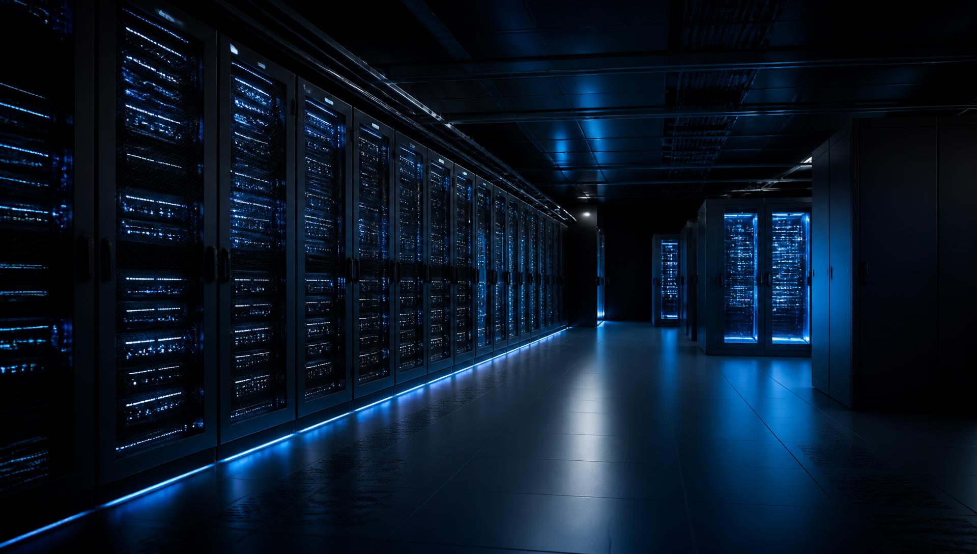 Modern data center with illuminated network racks